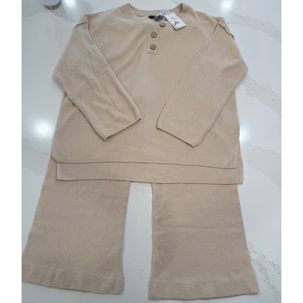 LILLUSORY 2-Piece Knit Set Women Large Beige NEW Henley Wide Leg Sweater Outfit